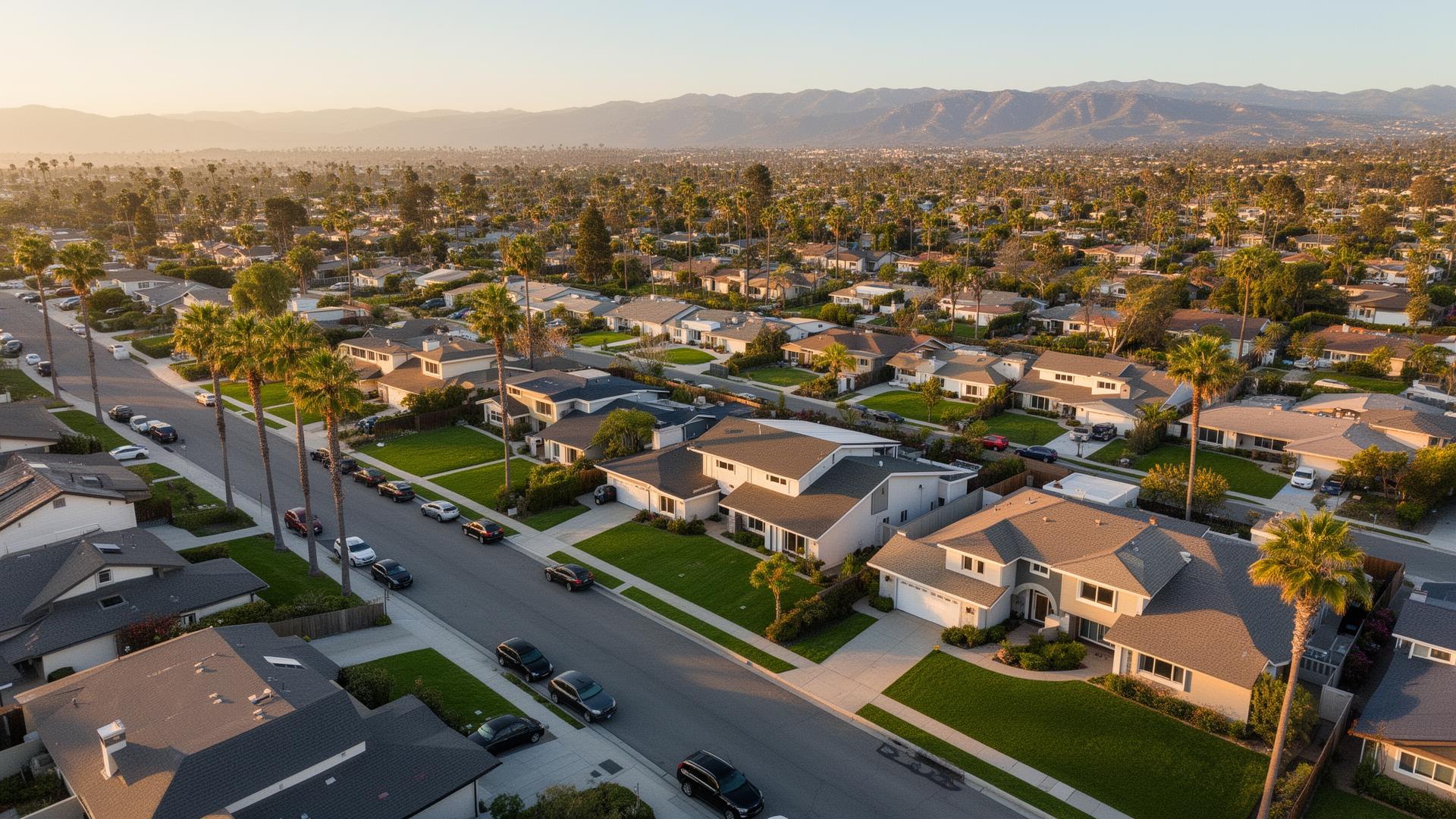Aerial view of Mira Mesa suburban neighborhood at golden hour